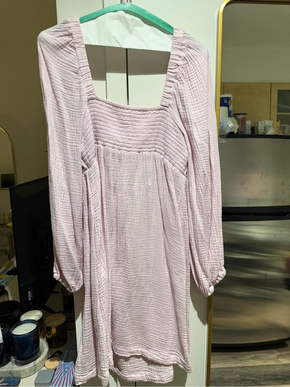 J. Crew Pale Pink Smocked Square-Neck Long Sleeve Dress